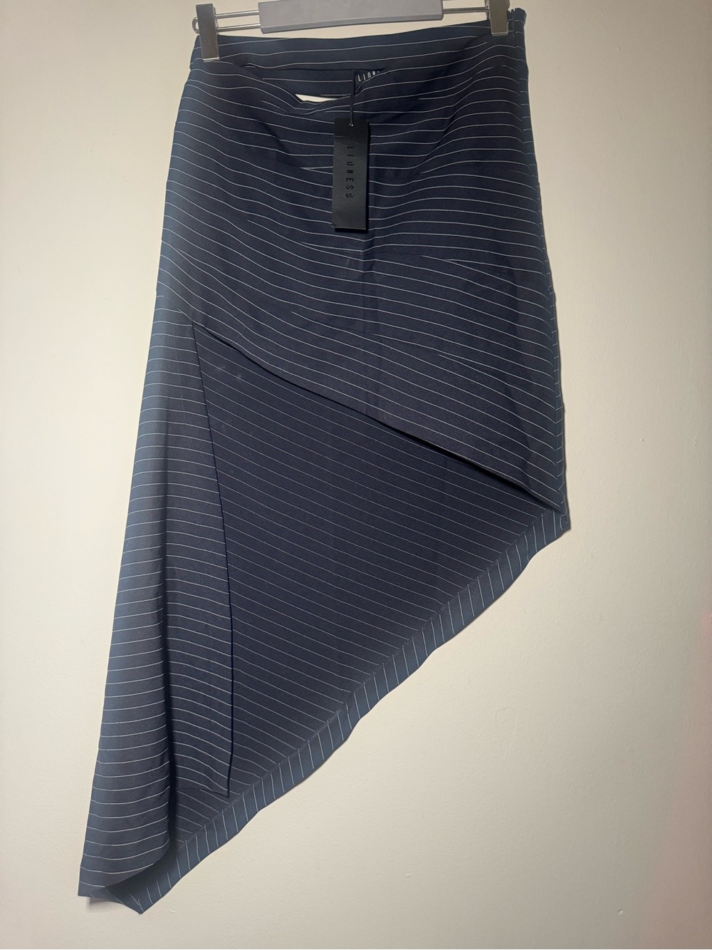 Lioness Navy Pinstripe Asymmetrical Midi Skirt